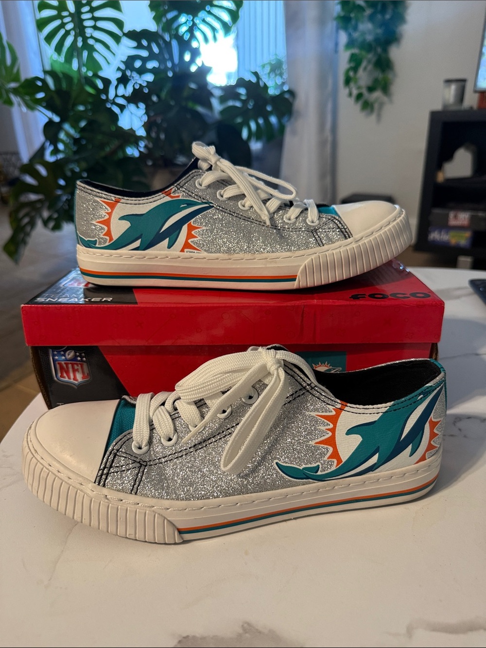 NFL Miami Dolphins Glitter Low-Top Sneakers - Teal, Orange, White
